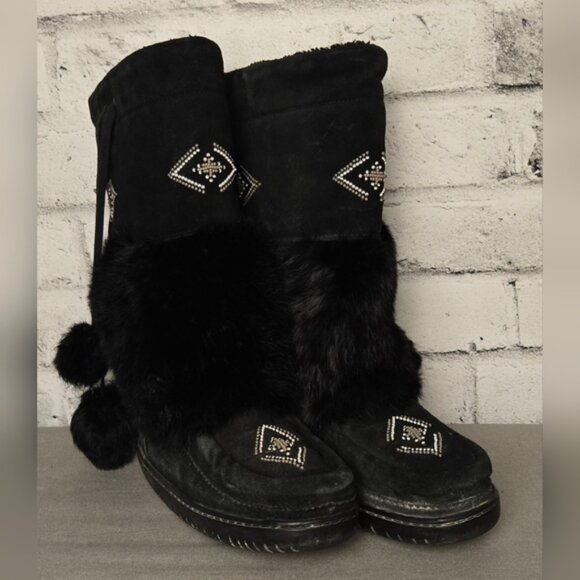 Manitobah Mukluks Black Suede Fur Beaded Tall Boots Women’s 8 Vibram Sole Canada - Picture 3 of 11